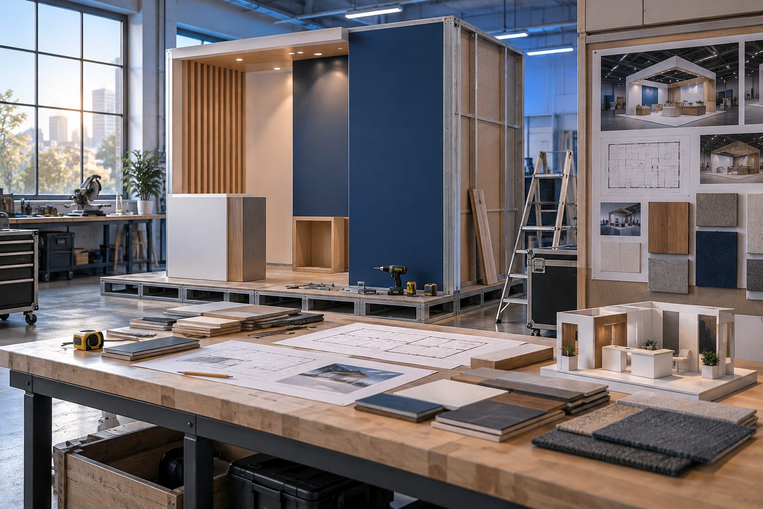 Booth wall under construction in the Vantage workshop, with floor plans, material samples and a scale model