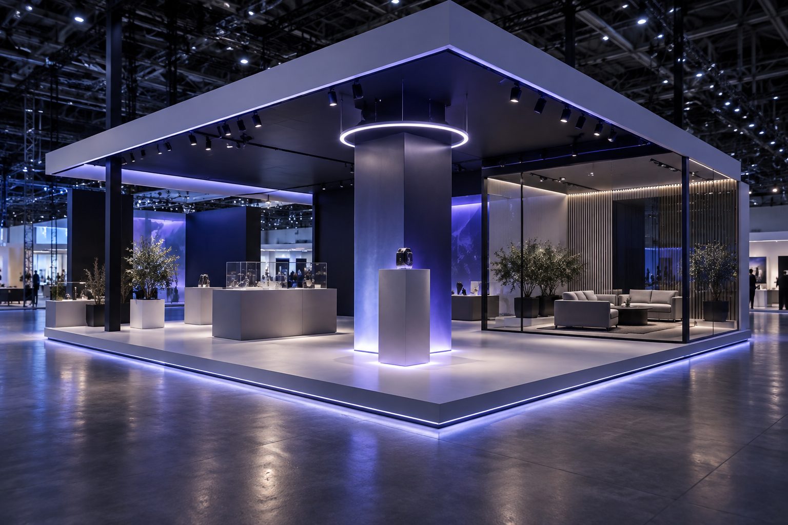 Open island exhibition booth with demo stage, meeting lounge and glowing product plinth