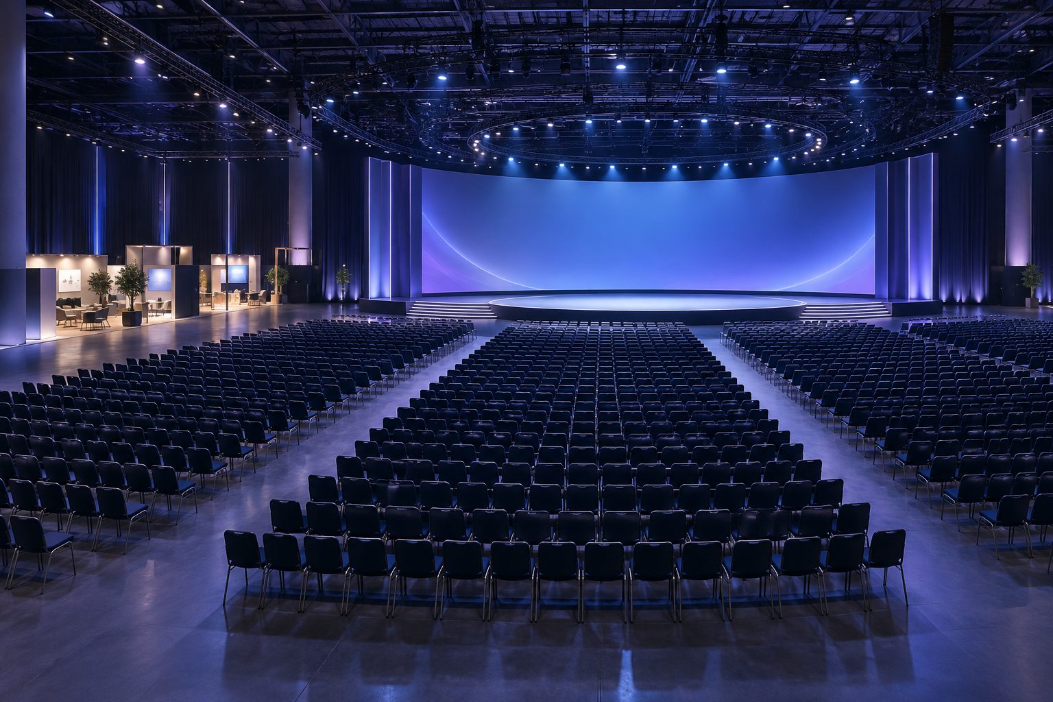 Summit plenary hall with a curved LED stage and fan seating for 2,000 delegates